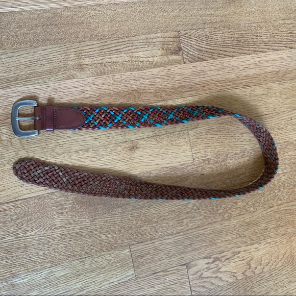 fossil braided leather maroon turquoise beige brown belt 1.5” wide southern belt - Picture 2 of 3